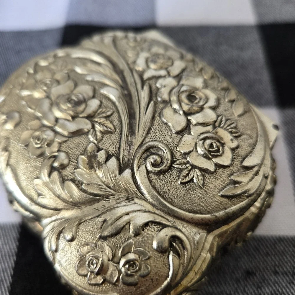 Silver Tone Hinged Trinket Jewelry Box Red Felt Lined Rose Pattern Made in Japan